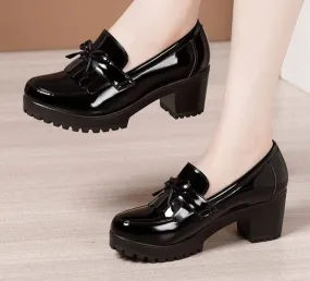 Bowknot Slip On Tassels Thick Heels Vintage Fashion Shoes