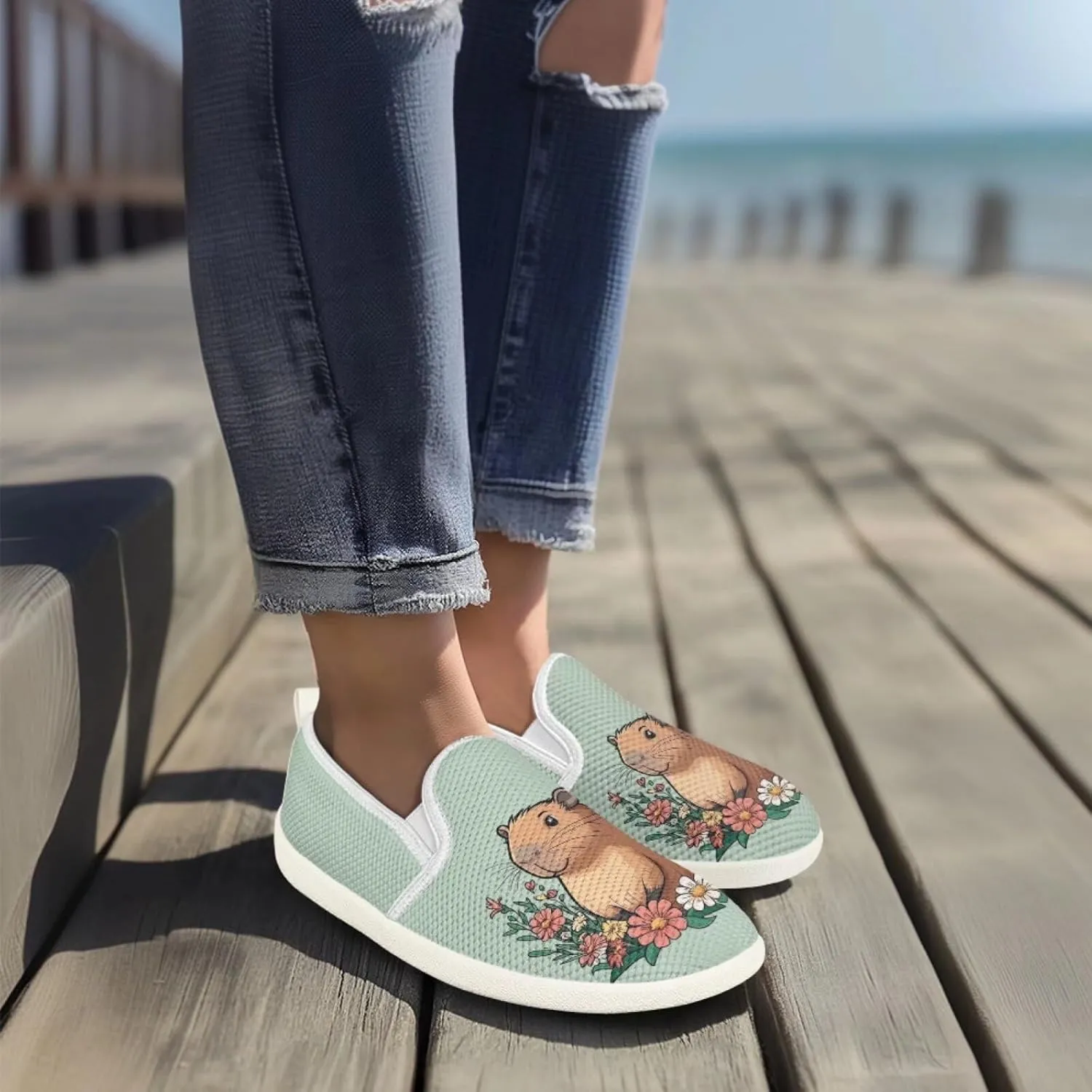 Cute Capybara Otter Print Work Shoes Flat Tennis Business Walking Loafer Outdoor Sneaker for Women