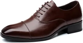 Dress Formal Shoes for Men Lace Up Cap Toe Black Burnished Toe Vegan Leather Block Heel Low Top Slip Resistant Business (Color : Brown, Size : 7)