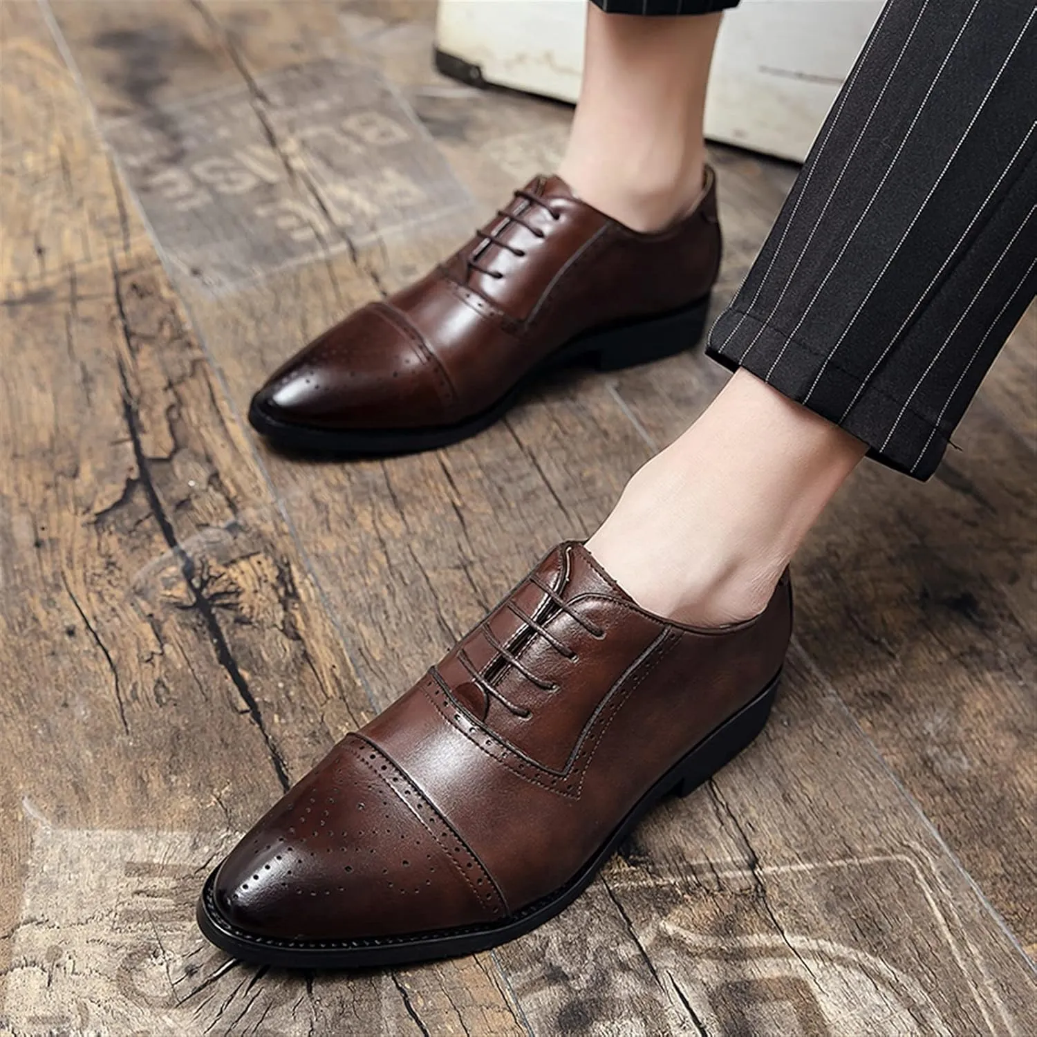 Dress Shoes for Men Lace Up Brogue Embossed Cap Toe Burnished Toe PU Leather Anti-Slip Block Heel Non Slip Resistant Party