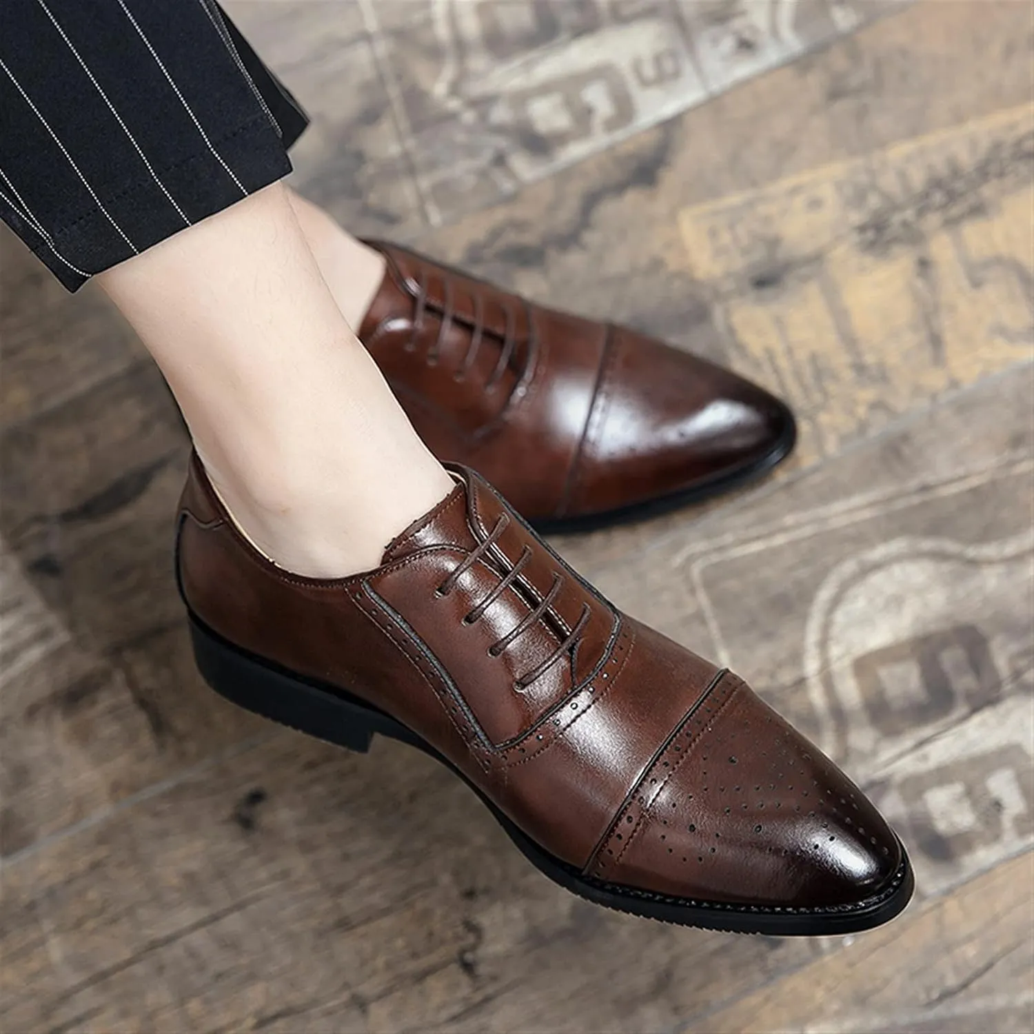 Dress Shoes for Men Lace Up Brogue Embossed Cap Toe Burnished Toe PU Leather Anti-Slip Block Heel Non Slip Resistant Party