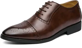 Dress Shoes for Men Lace Up Brogue Embossed Cap Toe Burnished Toe PU Leather Anti-Slip Block Heel Non Slip Resistant Party