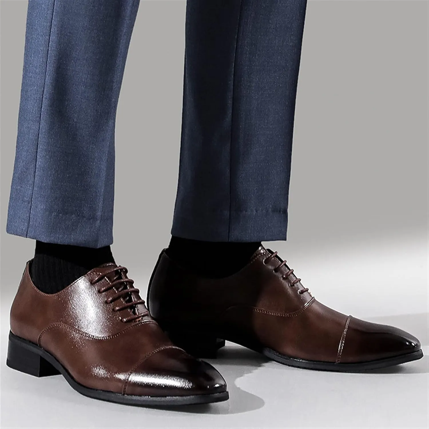 Formal Dress Shoes for Men Lace Up Cap Toe Black Burnished Toe Vegan Leather Anti-Slip Block Heel Non Slip Classic