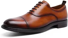 HOOENG Dress Shoes for Men Lace Up Cap Toe Black Burnished Toe Genuine Leather Non Slip Anti-Slip Rubber Sole Block Heel Low Top Classic (Color : Brown, Size : 10)