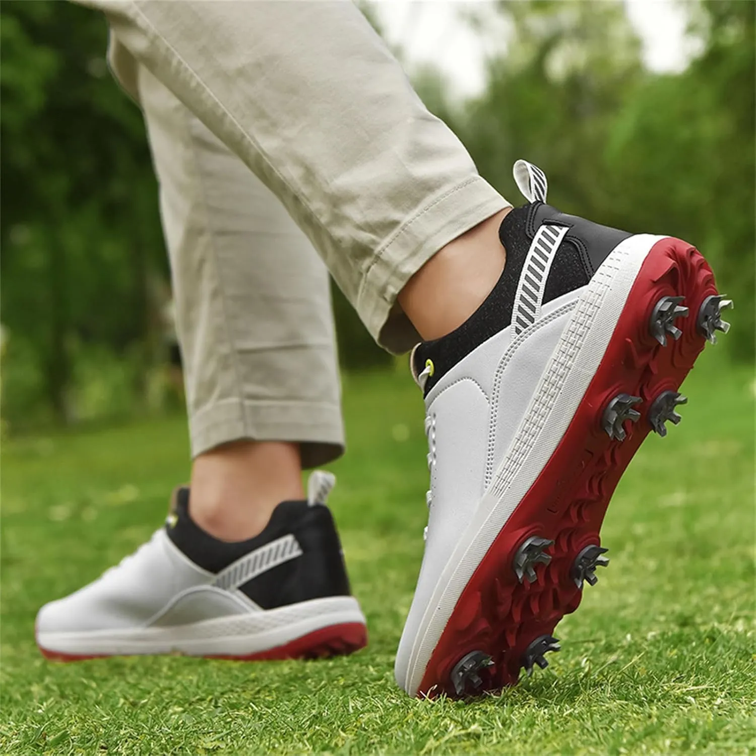JiuQing Golf Shoes Men Professional Leather Golfing Trainers Spikes Removable Outdoor Anti Slip Footwear