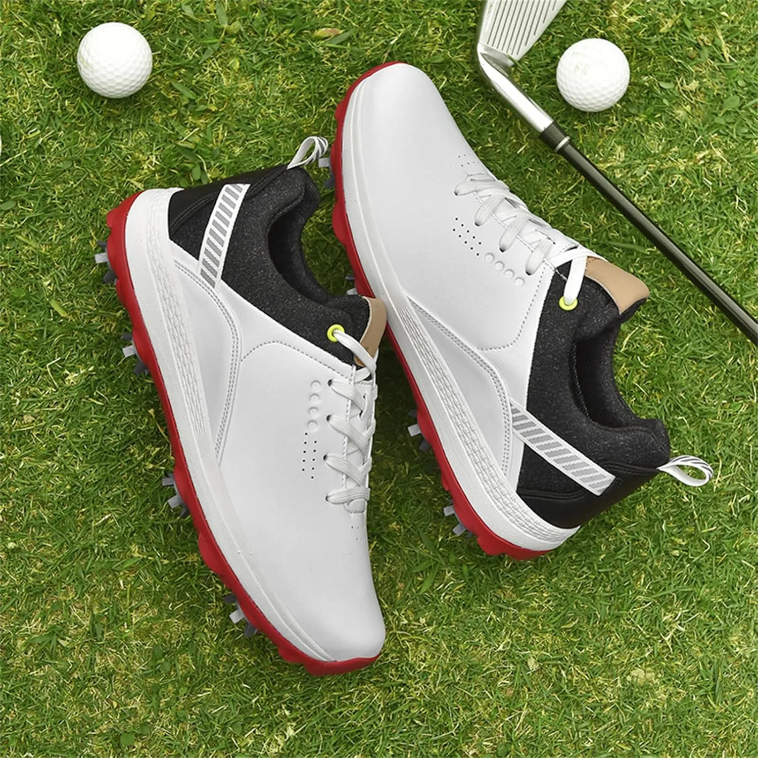 JiuQing Golf Shoes Men Professional Leather Golfing Trainers Spikes Removable Outdoor Anti Slip Footwear