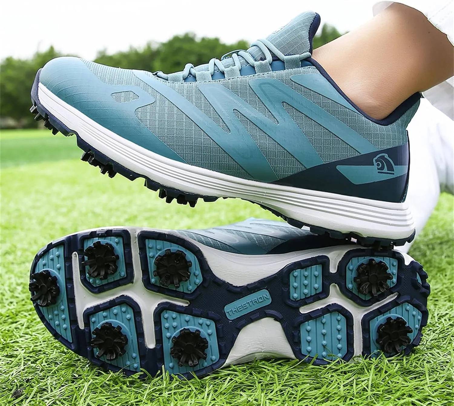 JiuQing Spikes Golf Shoes Men Professional Golfing Trainers Breathable Lightweight Outdoor Anti Slip Footwear