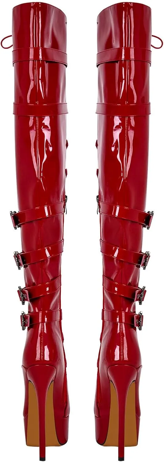 LISHAN Women's Platform High Heels Thigh High Boots Lace Up Stilettos