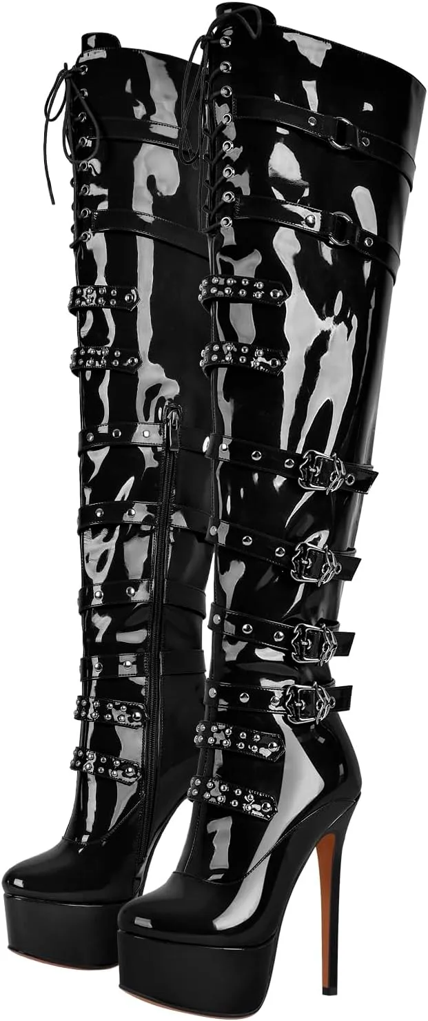 LISHAN Women's Platform High Heels Thigh High Boots Lace Up Stilettos