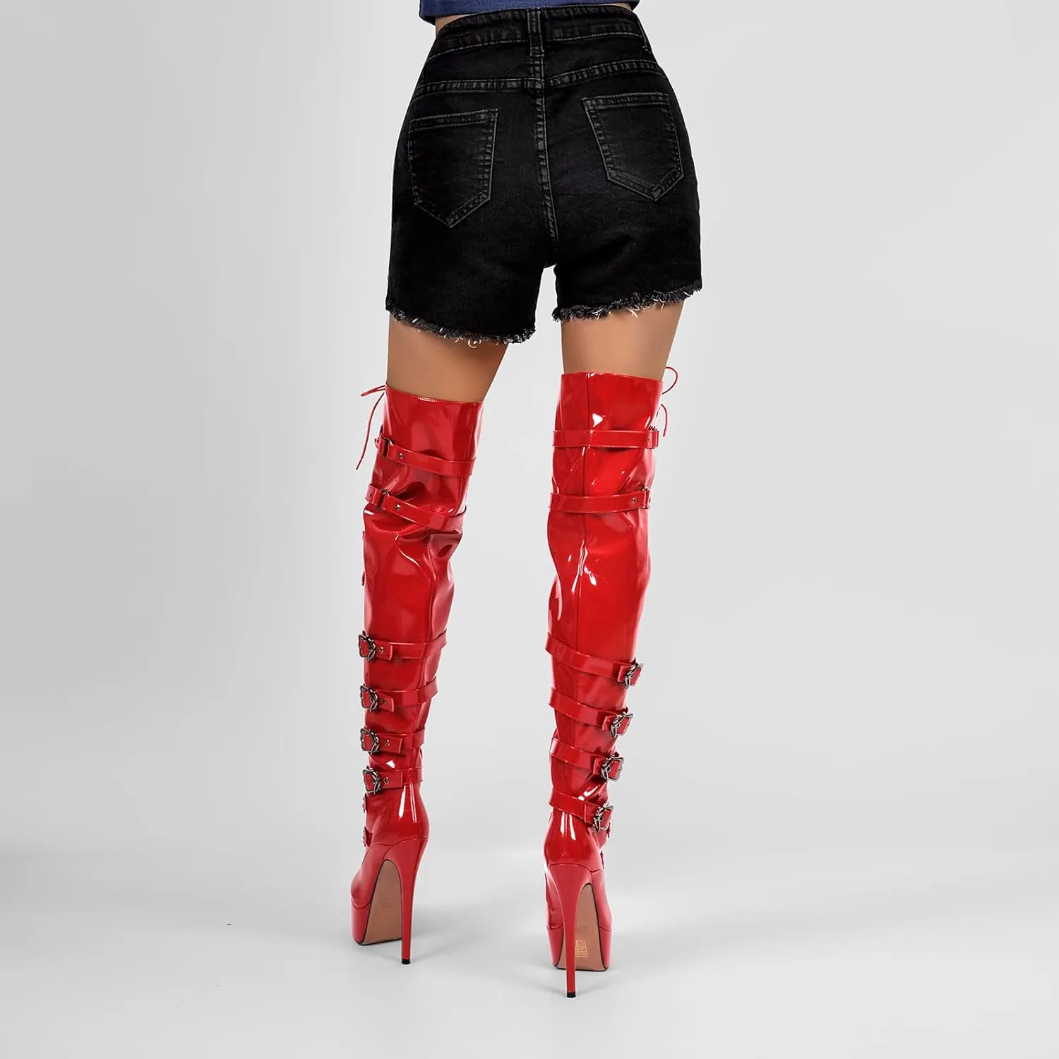 LISHAN Women's Platform High Heels Thigh High Boots Lace Up Stilettos