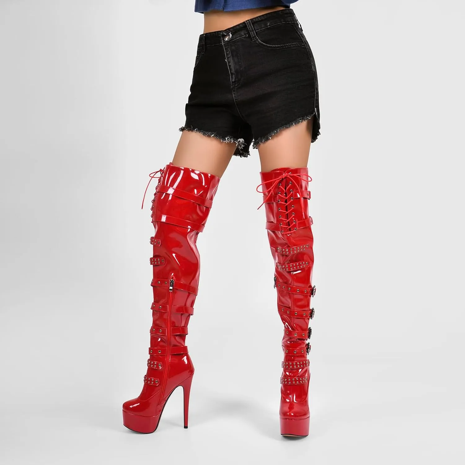 LISHAN Women's Platform High Heels Thigh High Boots Lace Up Stilettos