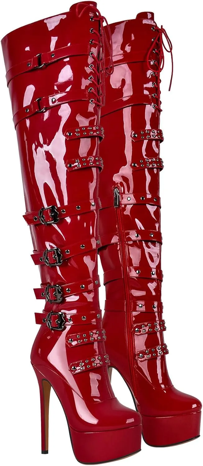 LISHAN Women's Platform High Heels Thigh High Boots Lace Up Stilettos