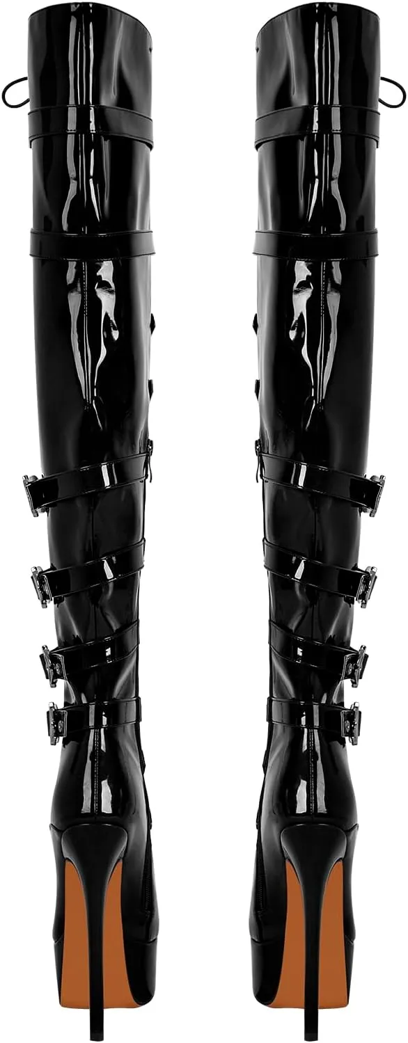 LISHAN Women's Platform High Heels Thigh High Boots Lace Up Stilettos