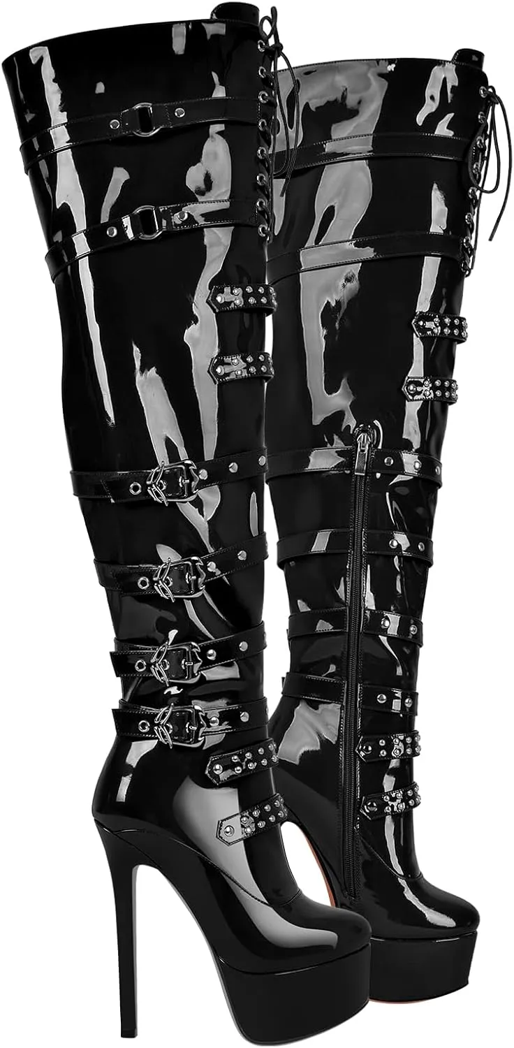 LISHAN Women's Platform High Heels Thigh High Boots Lace Up Stilettos