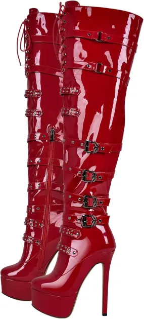 LISHAN Women's Platform High Heels Thigh High Boots Lace Up Stilettos