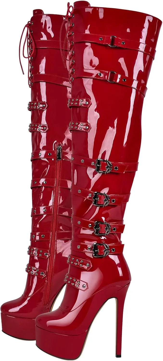 LISHAN Women's Platform High Heels Thigh High Boots Lace Up Stilettos