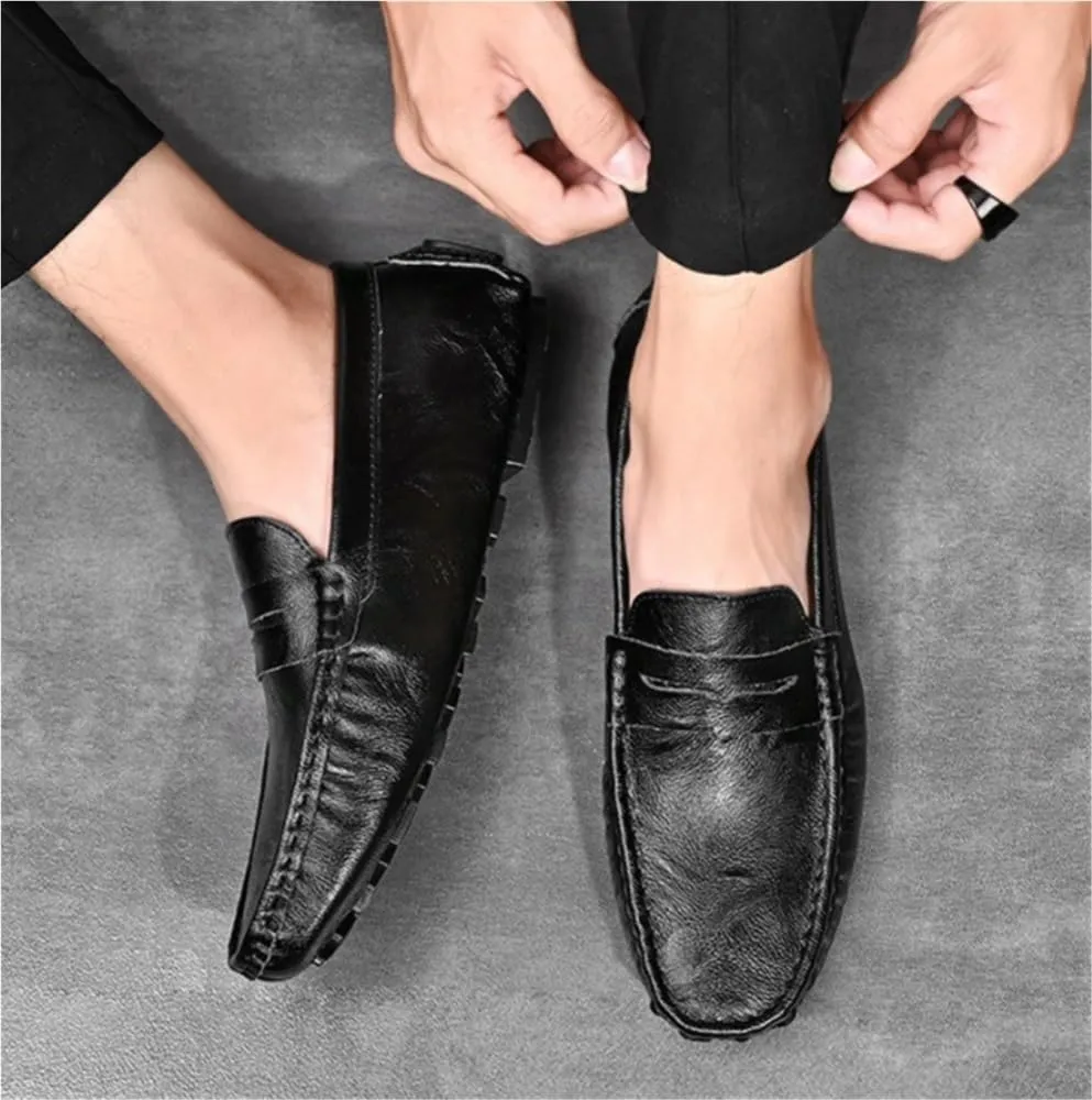 Loafers Shoes Round Toe Solid Color Comfortable Flat Heel Flexible Slip-ons for Men Traveling Driving Office and Work