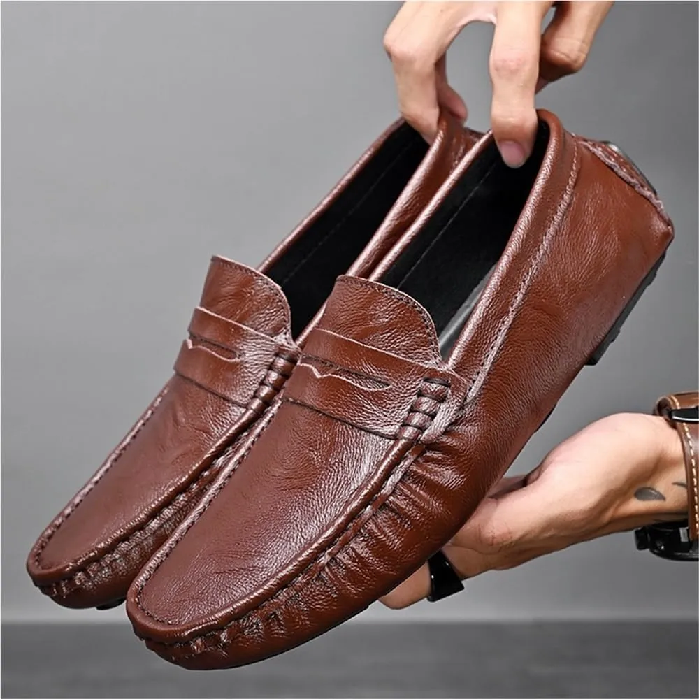 Loafers Shoes Round Toe Solid Color Comfortable Flat Heel Flexible Slip-ons for Men Traveling Driving Office and Work