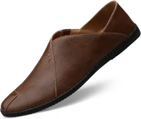 Mens Loafers Shoe Genuine Leather Round Toe Stitching Details Breathable Flexible Flat Heel Lightweight Prom Outdoor Slip-ons