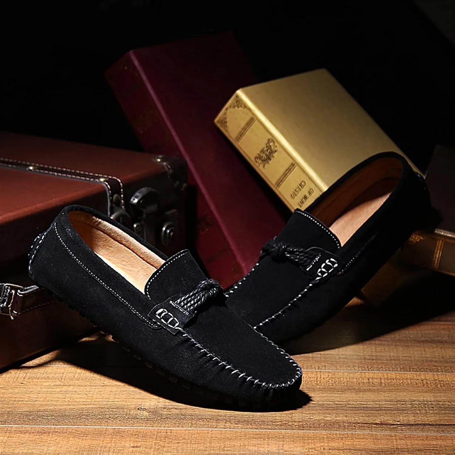 Mens Loafers Shoe Genuine Leather Suede Vamp Stitching Details Round Toe Bow Comfortable Lightweight Flexible Walking Slip-ons