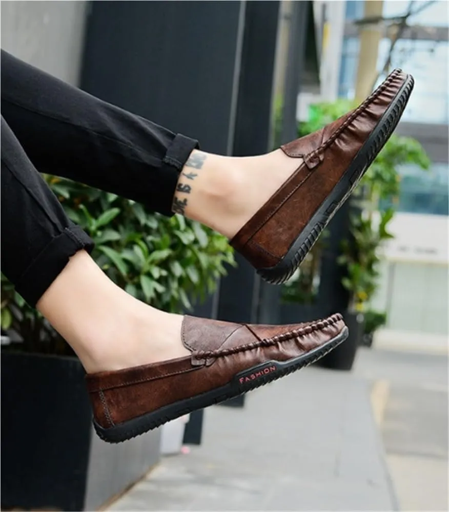 Mens Loafers Shoe PU Round Toe Stitching Details Breathable Flat Heel Comfortable Flexible Lightweight Walking Driving Slip-ons