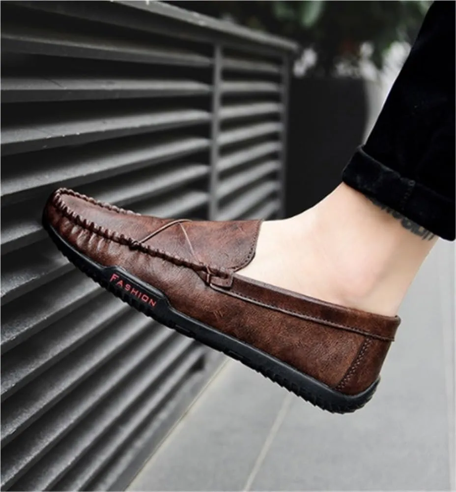 Mens Loafers Shoe PU Round Toe Stitching Details Breathable Flat Heel Comfortable Flexible Lightweight Walking Driving Slip-ons