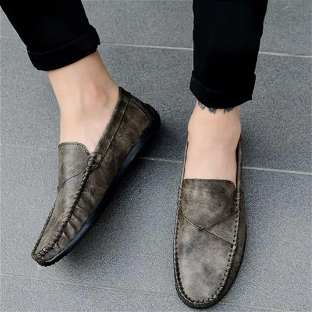 Mens Loafers Shoe PU Round Toe Stitching Details Breathable Flat Heel Comfortable Flexible Lightweight Walking Driving Slip-ons
