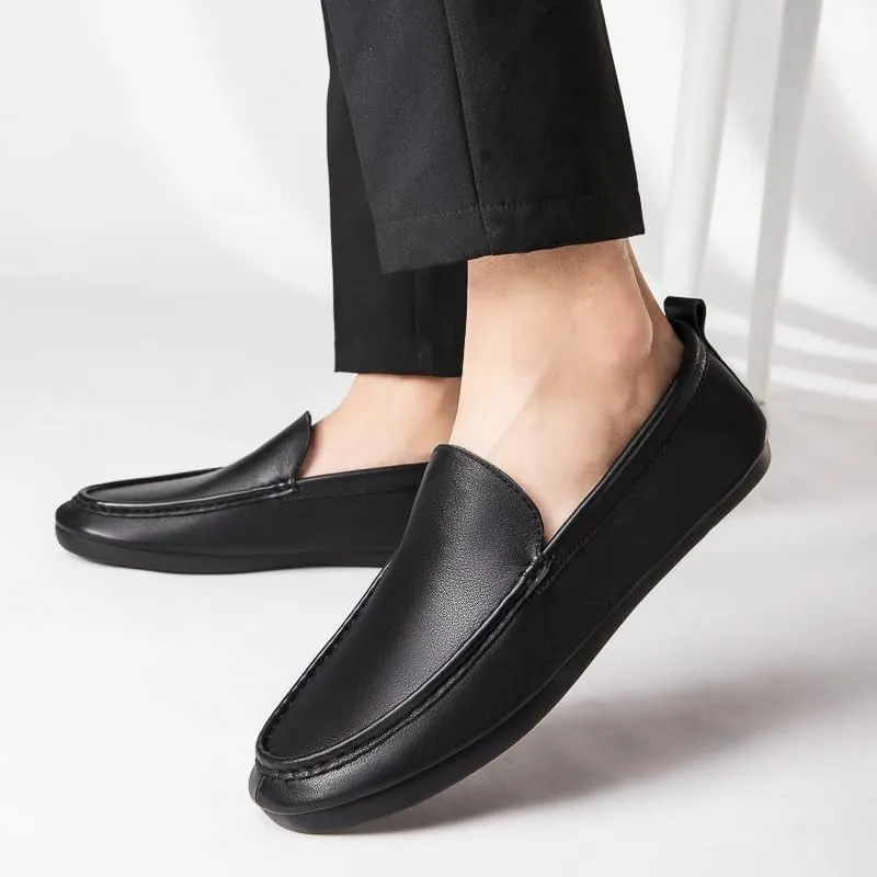 Mens Loafers Shoe Round Toe Leather Apron Toe Driving Loafers Anti-Slip Flexible Flat Heel Walking Slip-ons