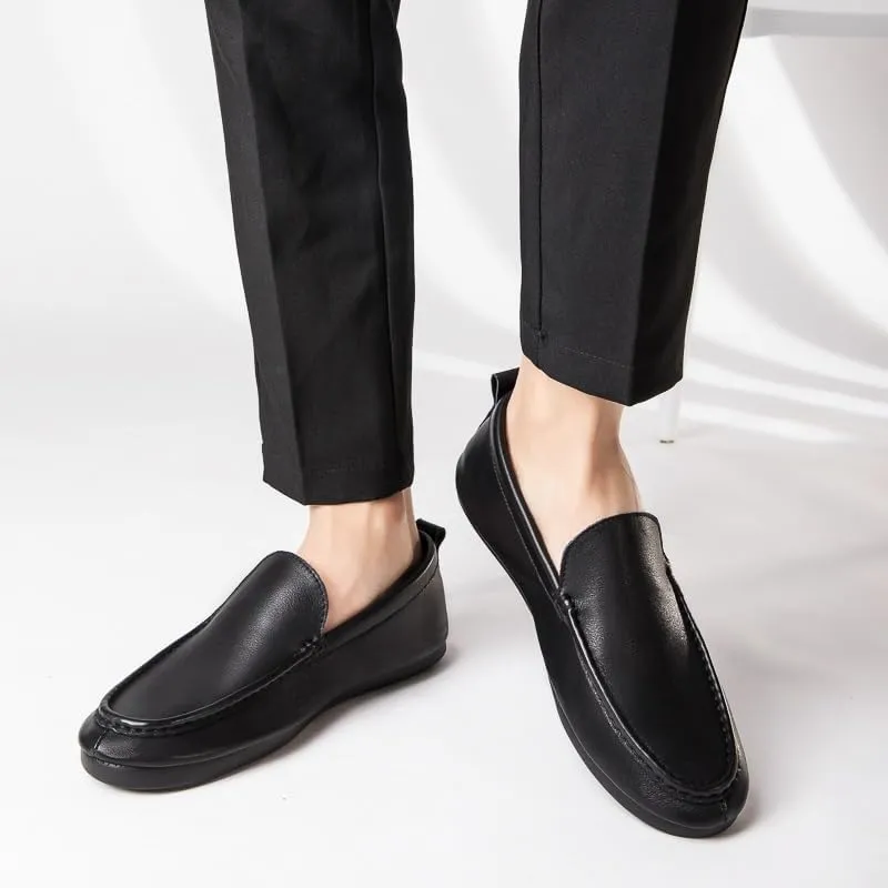 Mens Loafers Shoe Round Toe Leather Apron Toe Driving Loafers Anti-Slip Flexible Flat Heel Walking Slip-ons