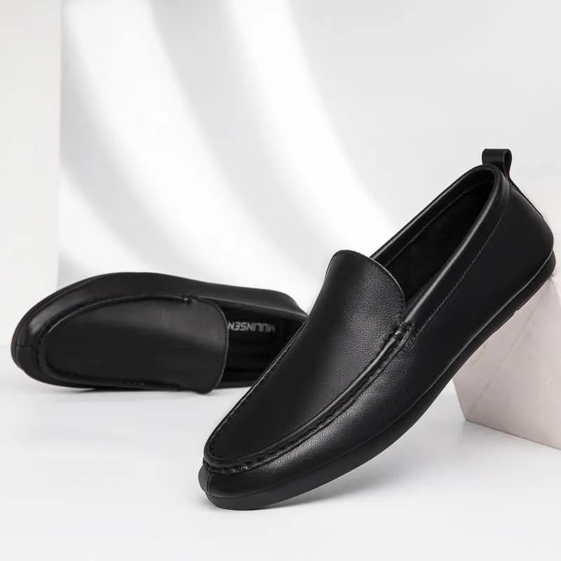 Mens Loafers Shoe Round Toe Leather Apron Toe Driving Loafers Anti-Slip Flexible Flat Heel Walking Slip-ons