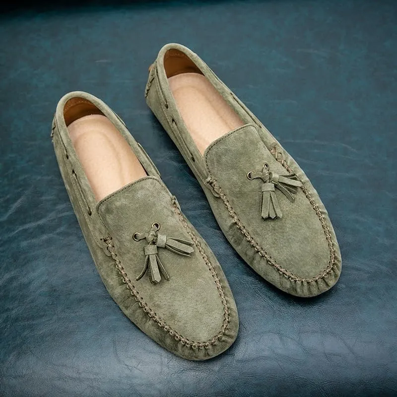 Mens Loafers Shoe Solid Color Round Toe Suede Vamp Tassel Driving Shoes Lightweight Anti-Slip Flexible Prom Outdoor Slip-ons