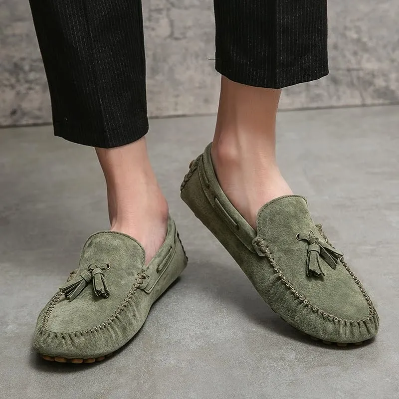 Mens Loafers Shoe Solid Color Round Toe Suede Vamp Tassel Driving Shoes Lightweight Anti-Slip Flexible Prom Outdoor Slip-ons