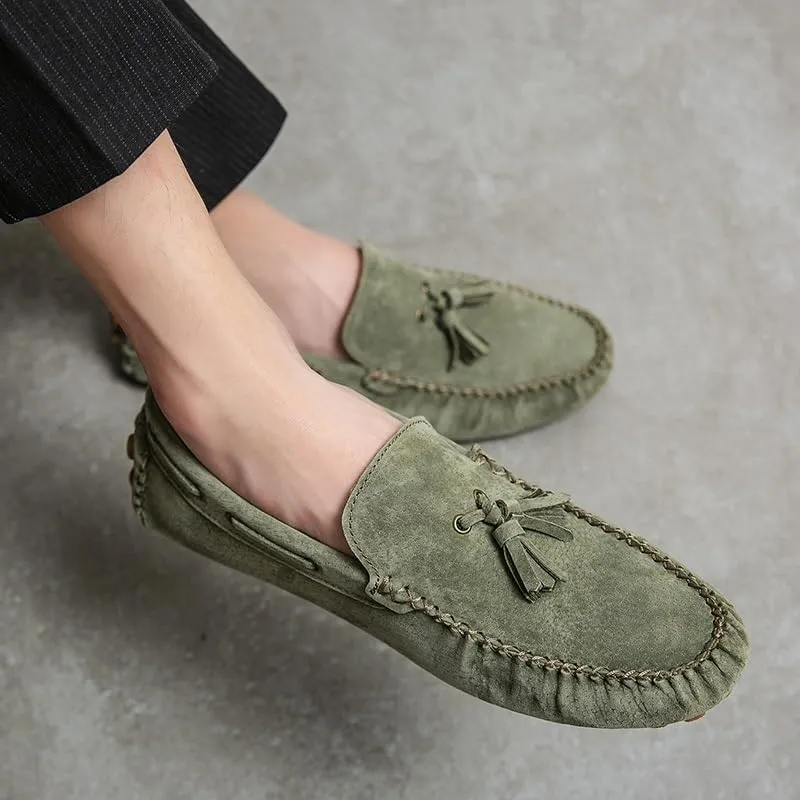 Mens Loafers Shoe Solid Color Round Toe Suede Vamp Tassel Driving Shoes Lightweight Anti-Slip Flexible Prom Outdoor Slip-ons