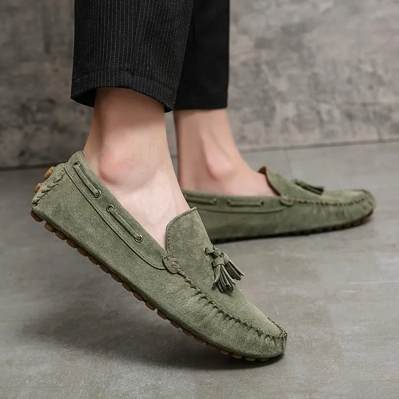 Mens Loafers Shoe Solid Color Round Toe Suede Vamp Tassel Driving Shoes Lightweight Anti-Slip Flexible Prom Outdoor Slip-ons