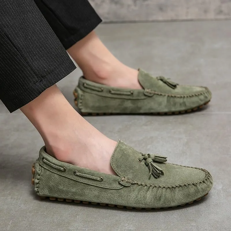 Mens Loafers Shoe Solid Color Round Toe Suede Vamp Tassel Driving Shoes Lightweight Anti-Slip Flexible Prom Outdoor Slip-ons