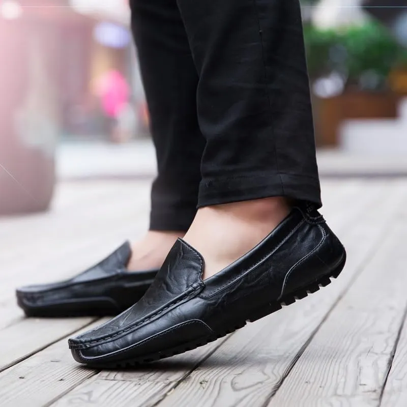 Mens Loafers Shoe Square Toe PU Leather Driving Style Loafer Anti-Slip Flat Heel Flexible Prom Slip-ons