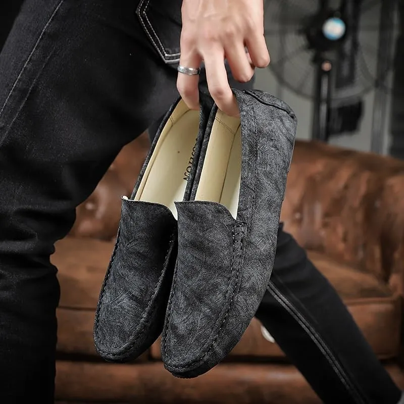 New Men's Loafers Shoes Round Toe Leather Driving Style Loafer Slip Resistant Flexible Flat Heel Walking Casual Slip-ons