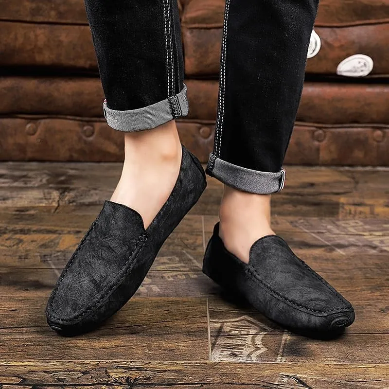 New Men's Loafers Shoes Round Toe Leather Driving Style Loafer Slip Resistant Flexible Flat Heel Walking Casual Slip-ons
