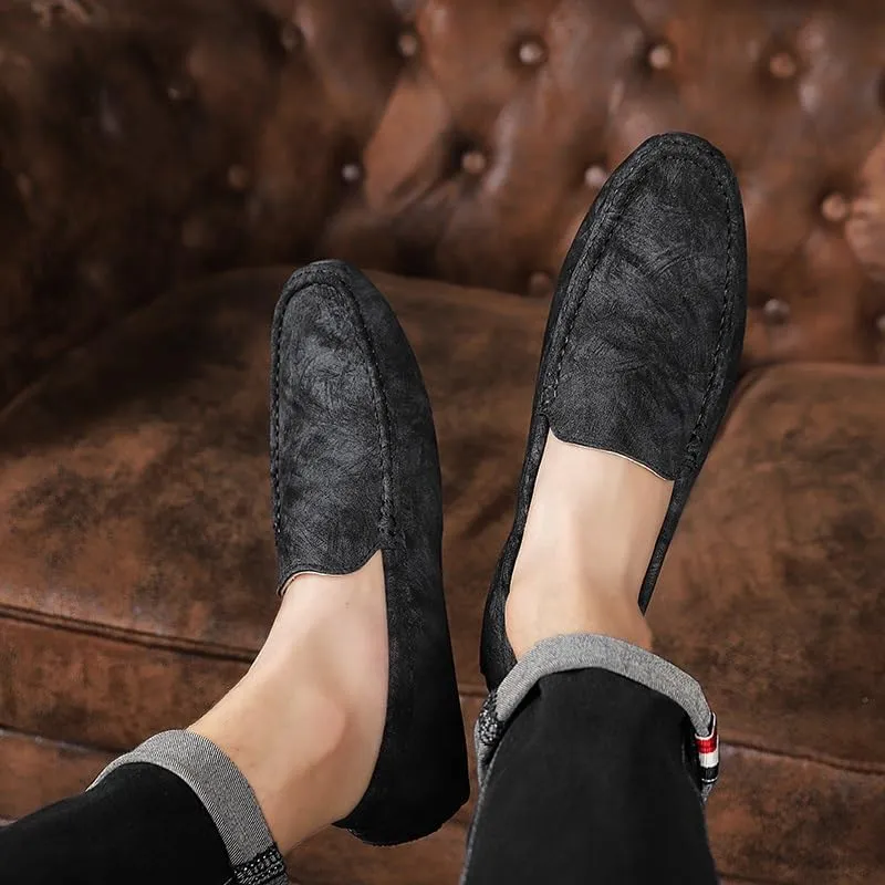 New Men's Loafers Shoes Round Toe Leather Driving Style Loafer Slip Resistant Flexible Flat Heel Walking Casual Slip-ons