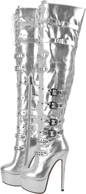 richealnini Women's Platform Heel Thigh High Boots with Zippers Lace Up Sexy Sky High Heels Long Shaft Over the Knee High Boots