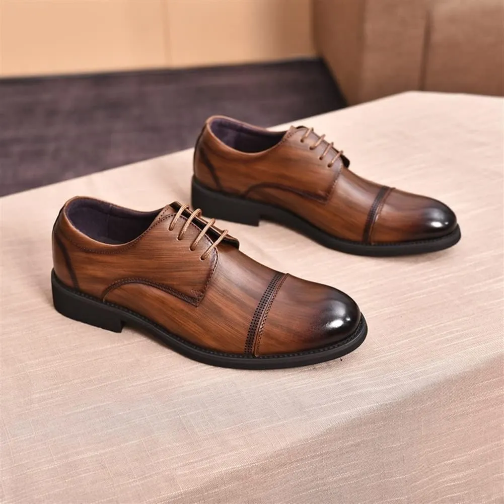 Shoes Dress Oxford for Men Lace Up Cap Toe Burnished Toe Derby Shoes Leather Non Slip Low Top Rubber Sole Block Heel Classic