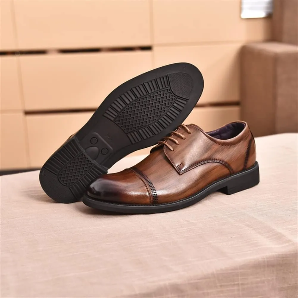 Shoes Dress Oxford for Men Lace Up Cap Toe Burnished Toe Derby Shoes Leather Non Slip Low Top Rubber Sole Block Heel Classic