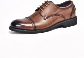 Shoes Dress Oxford for Men Lace Up Cap Toe Burnished Toe Derby Shoes Leather Non Slip Low Top Rubber Sole Block Heel Classic