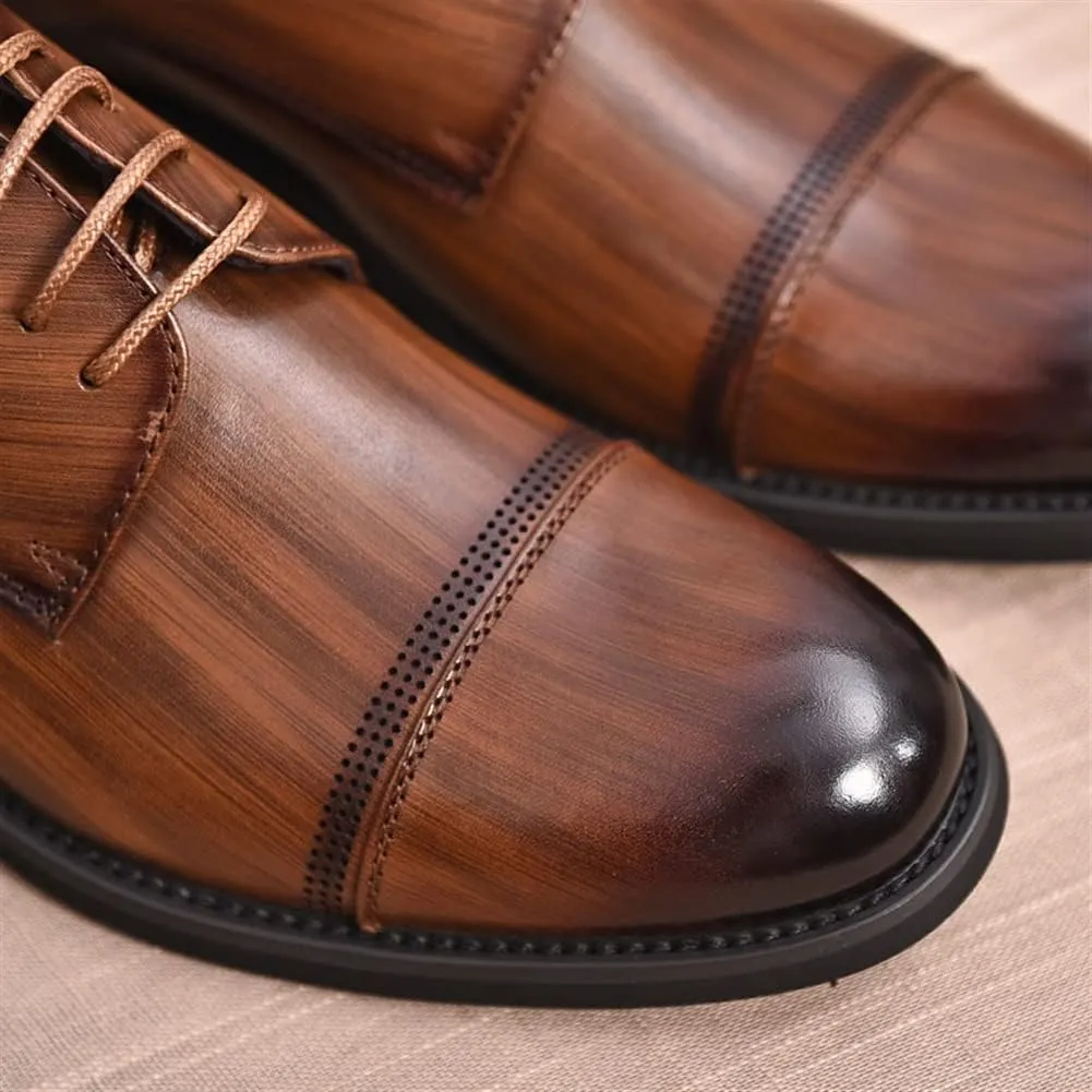 Shoes Dress Oxford for Men Lace Up Cap Toe Burnished Toe Derby Shoes Leather Non Slip Low Top Rubber Sole Block Heel Classic