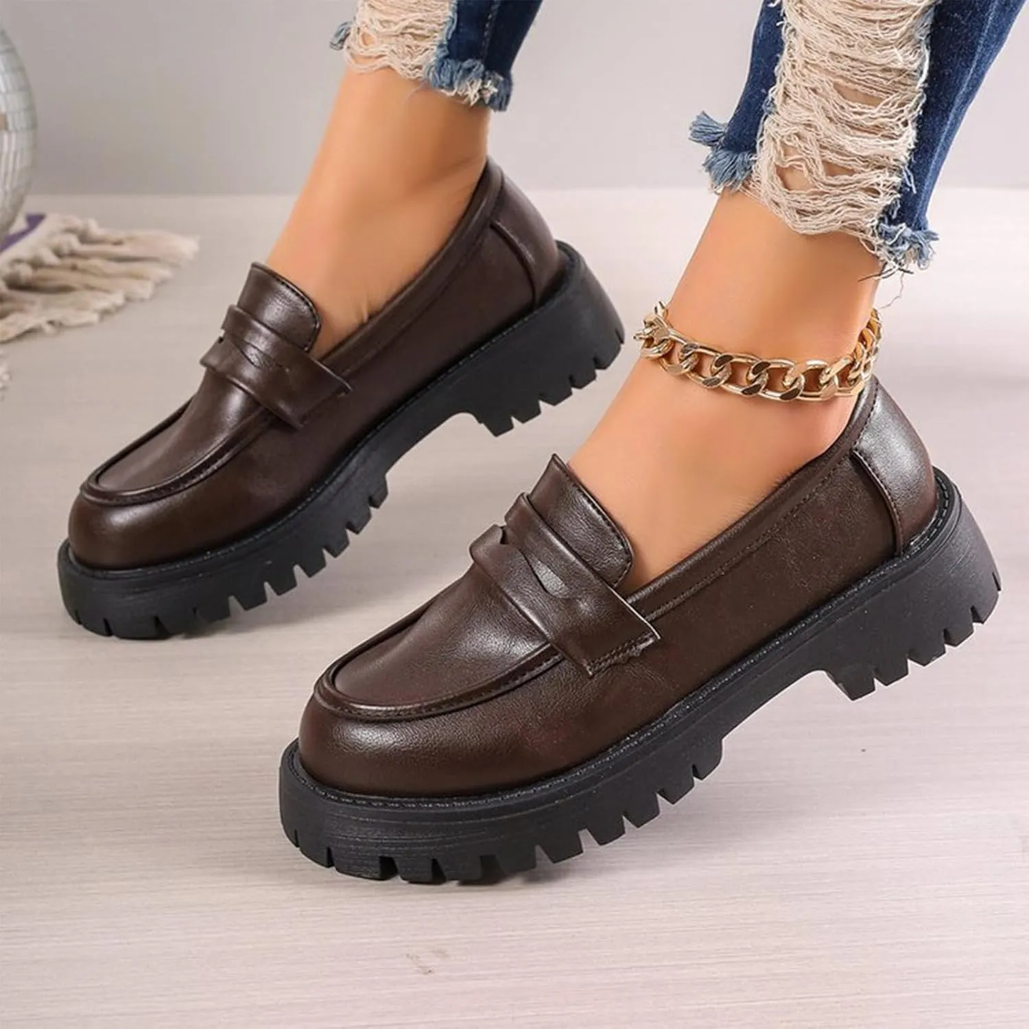 Womens Casual Chunky Loafers Dressy Work Shoe Platform Slip On Shoe Dress Business Shoes Comfortable Office Shoes