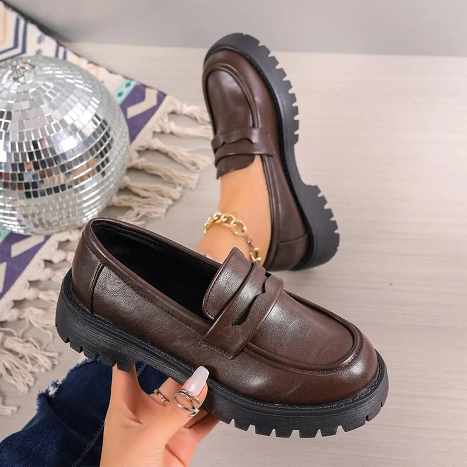 Womens Casual Chunky Loafers Dressy Work Shoe Platform Slip On Shoe Dress Business Shoes Comfortable Office Shoes
