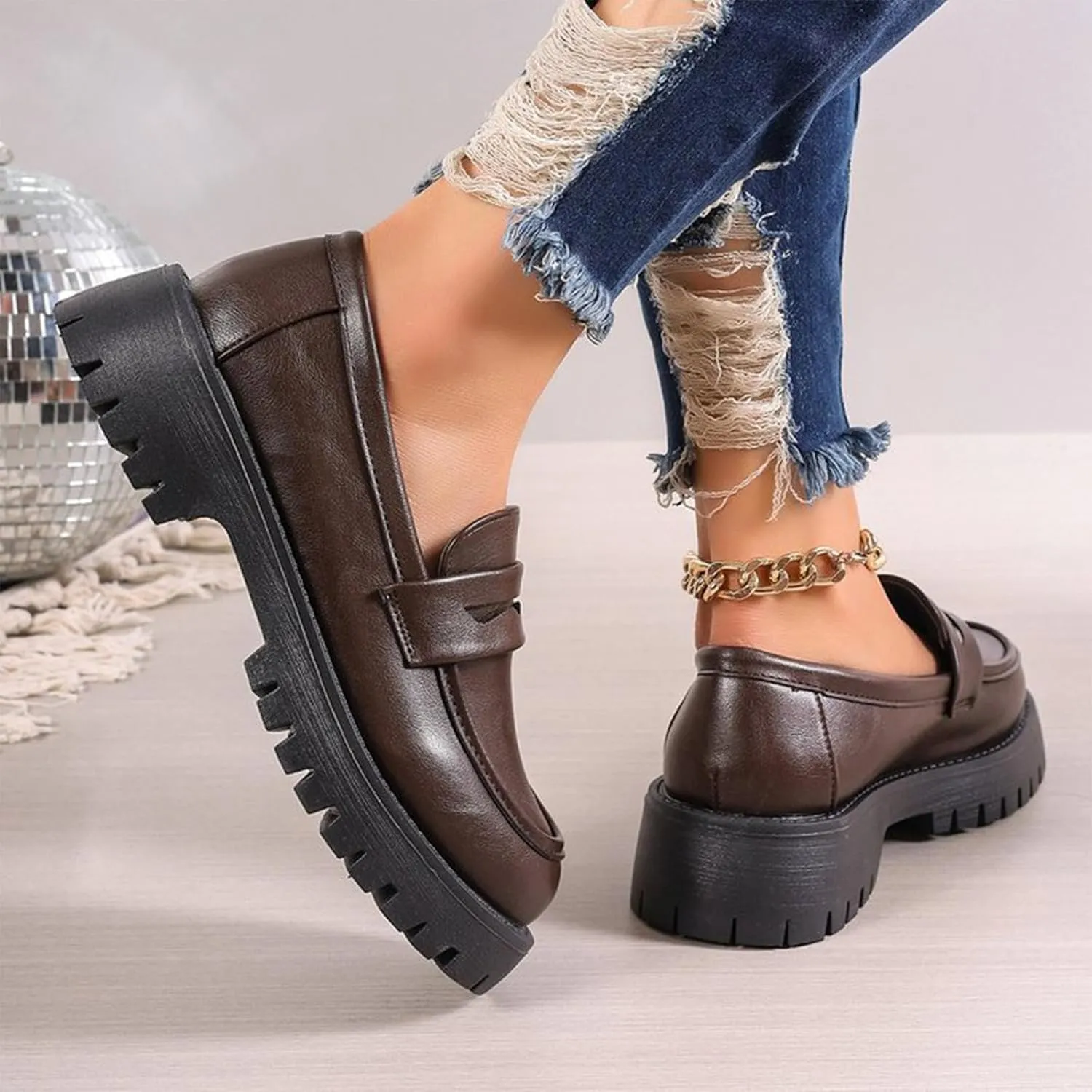 Womens Casual Chunky Loafers Dressy Work Shoe Platform Slip On Shoe Dress Business Shoes Comfortable Office Shoes