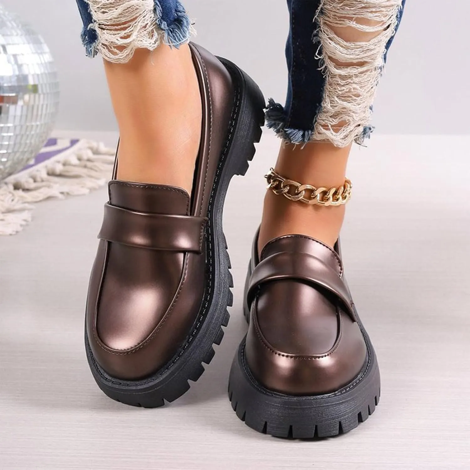 Womens Casual Chunky Loafers Dressy Work Shoe Platform Slip On Shoe Dress Business Shoes Comfortable Office Shoes