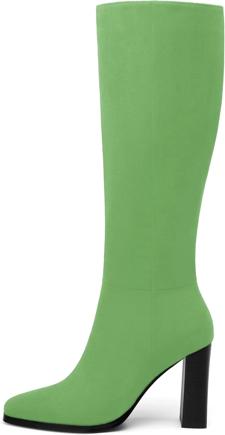 Womens High Heeled Knee High Boots, Square Toe Chunky Heel Knee-high Boots for Women, Fashion Dress Boots Zipper 3.5"