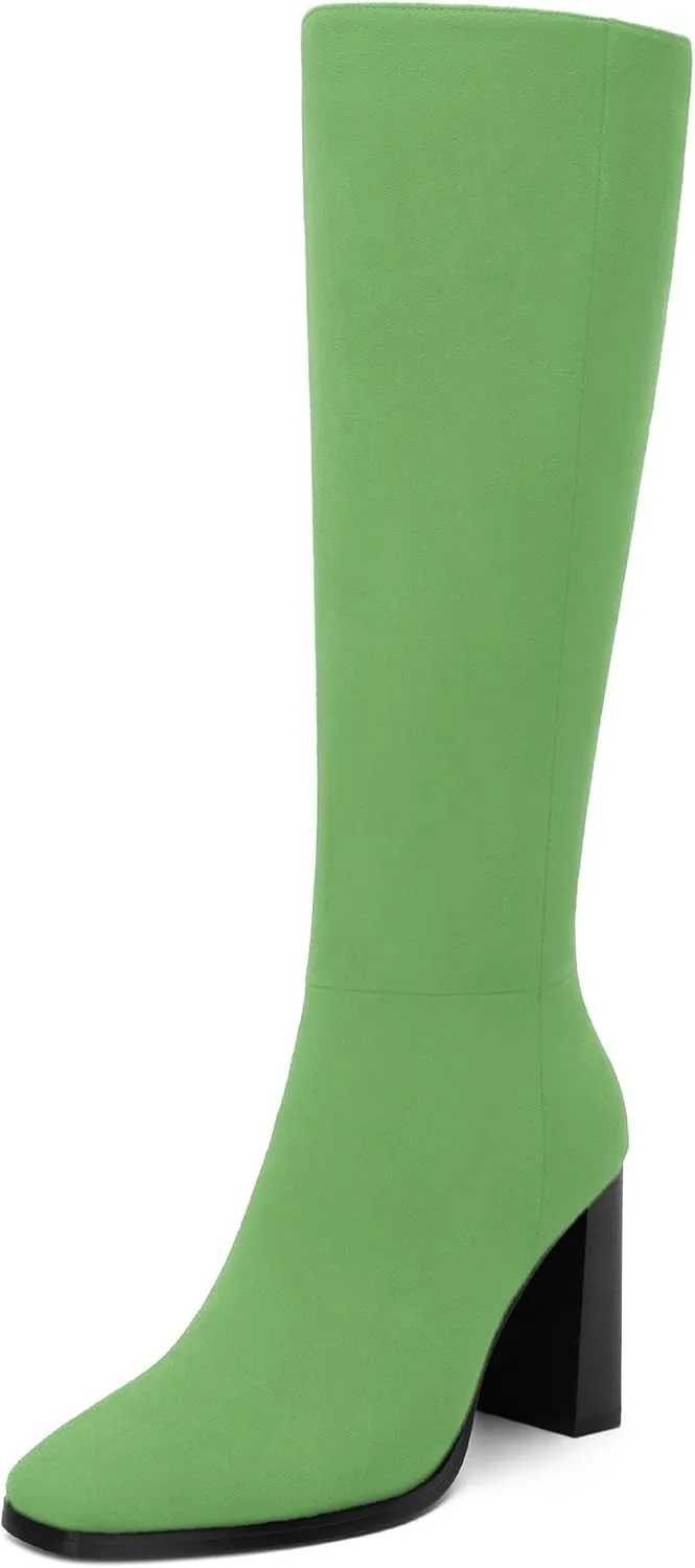 Womens High Heeled Knee High Boots, Square Toe Chunky Heel Knee-high Boots for Women, Fashion Dress Boots Zipper 3.5"